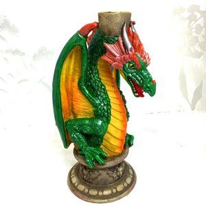 VTG Winged Medieval Green Yellow Dragon Taper Candle Holder Retired NWT NOS
